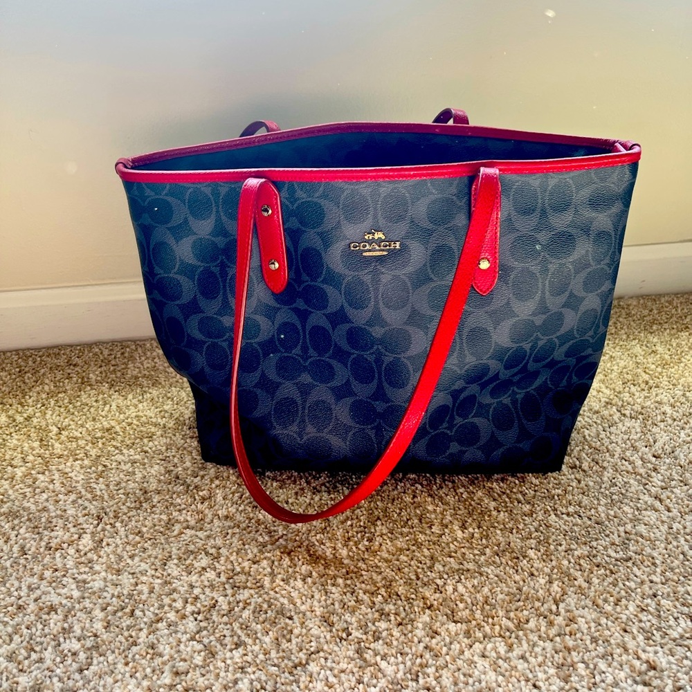 Coach Tote AND matching wallet- navy blue and red trim